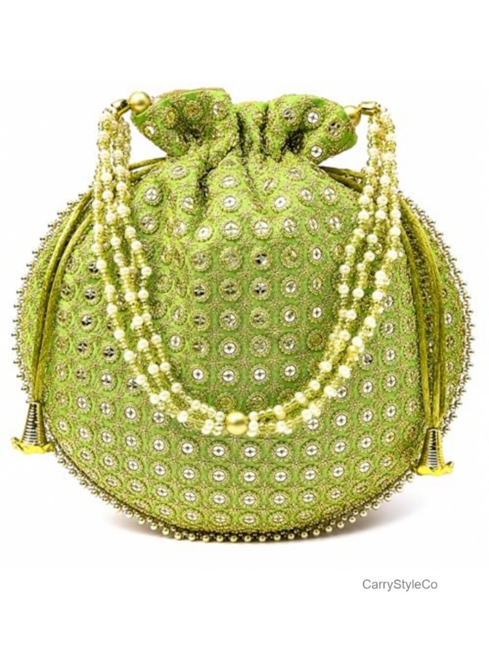 Pearl Handle Embroidered Potli Clutch Drawstring Bridal Bag